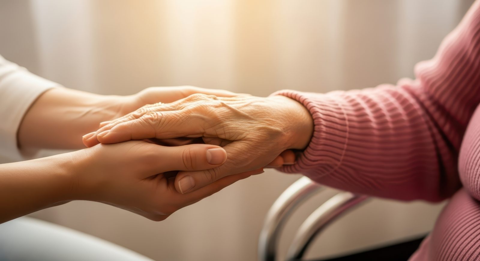 A caregiver holding an elderly person's hand in both of theirs at a kitchen table